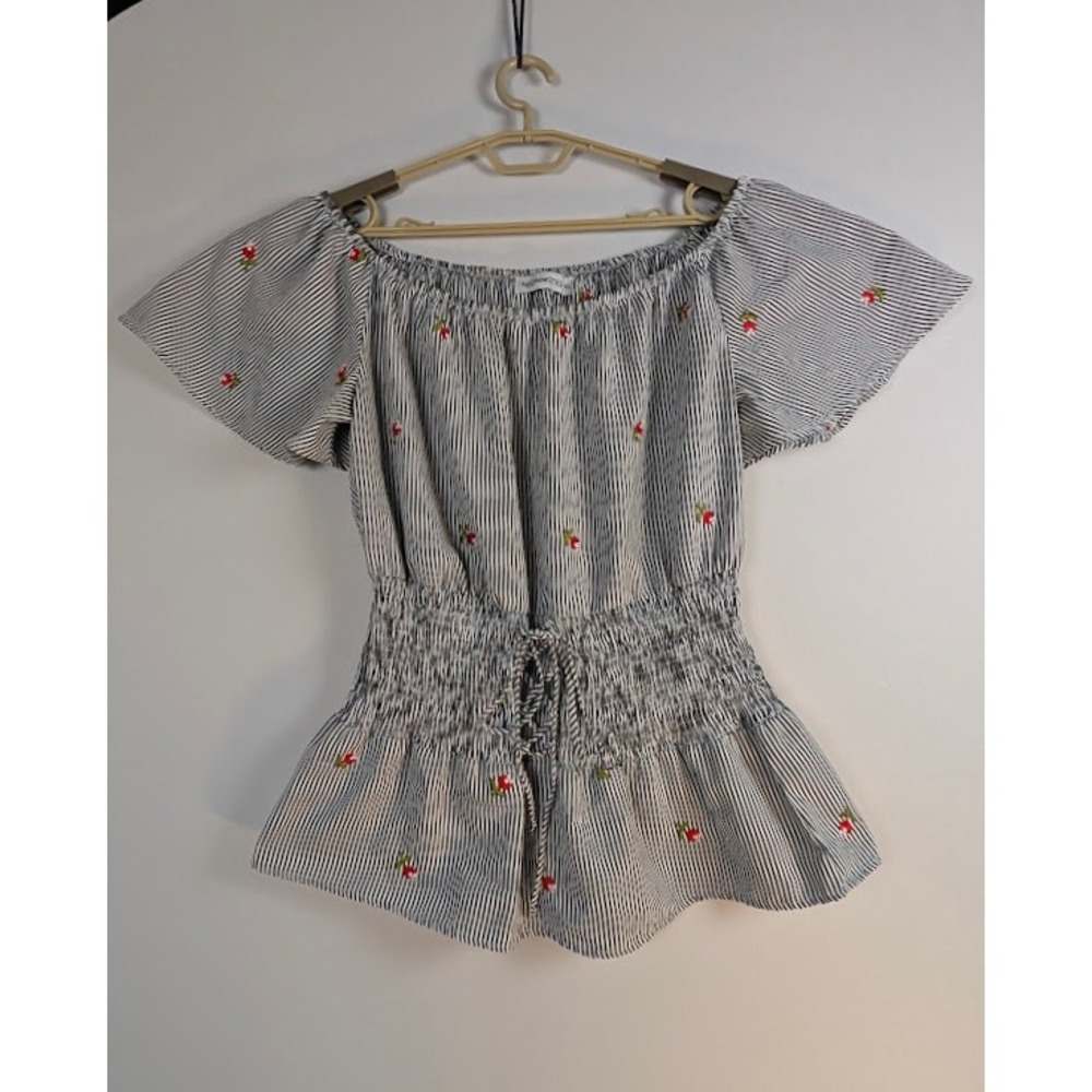 Roommates Peplum Top Women XL Blue White Striped Floral Embroidered Smocked